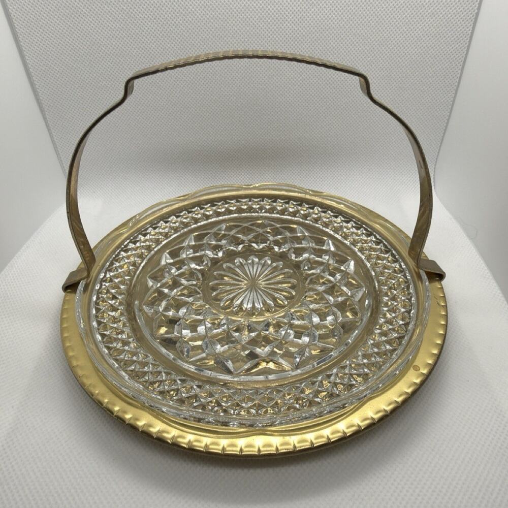 Vintage Kromex Gold Tone Glass Serving Tray Round Handled Tidbit Platter USA